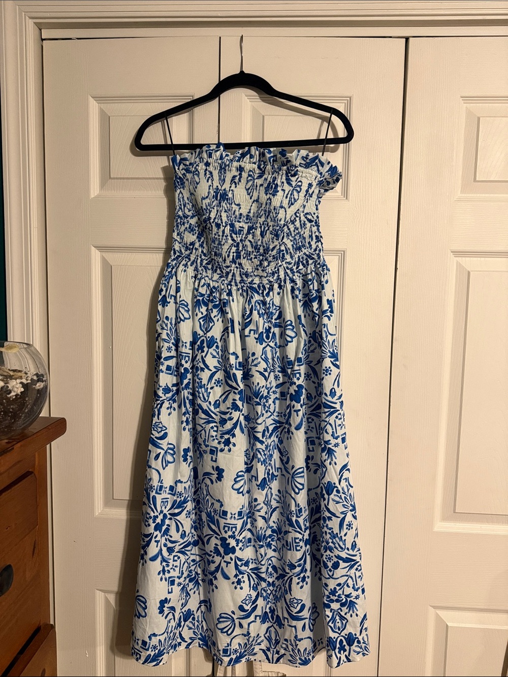 H&M White Strapless Smocked Midi Dress with Blue Floral Print